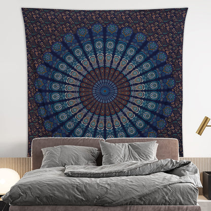 Bless International Handmade Indian hippie Bohemian Psychedelic Peacock Mandala Wall hanging College Dorm Beach Throws Table Cloth Bedding Tapestry (Blue Green, Queen(84x90Inches)(215x230Cms))