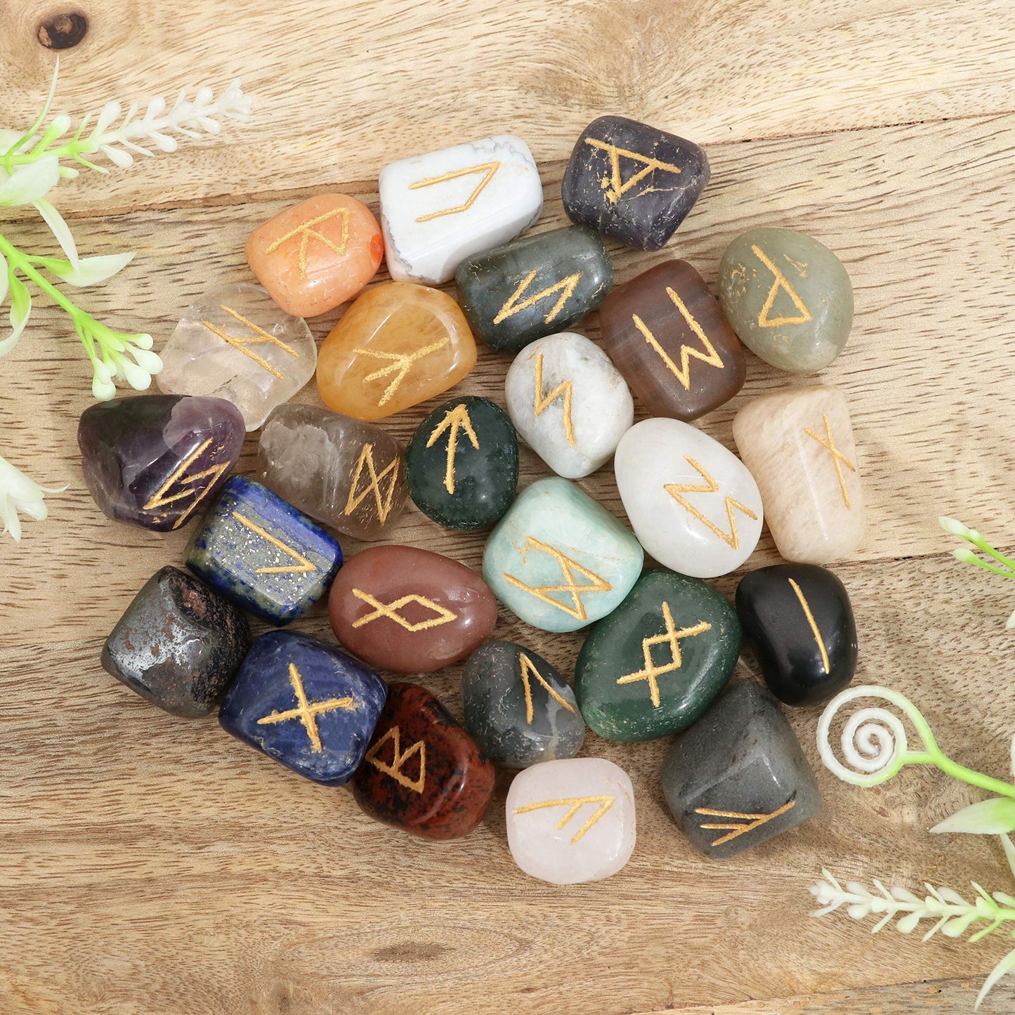Crocon Mix Chakra Rune Tumble Shape Gemstone Rune with Elder Futhark Alphabet Engraved | 25 pcs Runes Set | Crystal Divination Healing Chakra Reiki | with a Pouch| Size : 25-30 mm