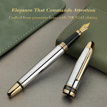 BEILUNER 315 Silver Chrome Fountain Pen,Stunning Luxury Pens with 24K Gold Accents, Gorgeous 24K Gilded Nib(Fine), Ink Converter,Fancy Pen Gift for Men&Women-Elegant, Office, Writing, Nice Design