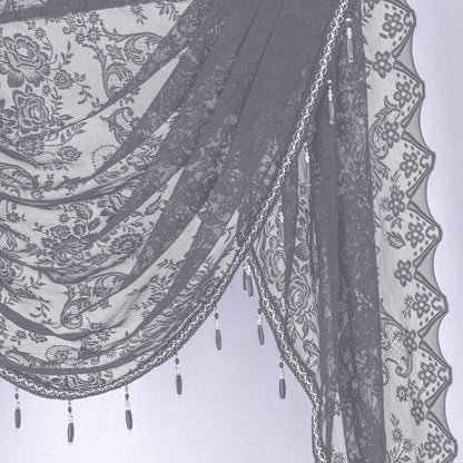 Huierxun Elegant Lace Waterfall Window Valance with Bead Tassels Floral Embroidered Valance Curtains Semi Sheer Rod Pocket Valance/Swags for Bedroom/Living Room/Kitchen/Basement (Grey,39"x41")