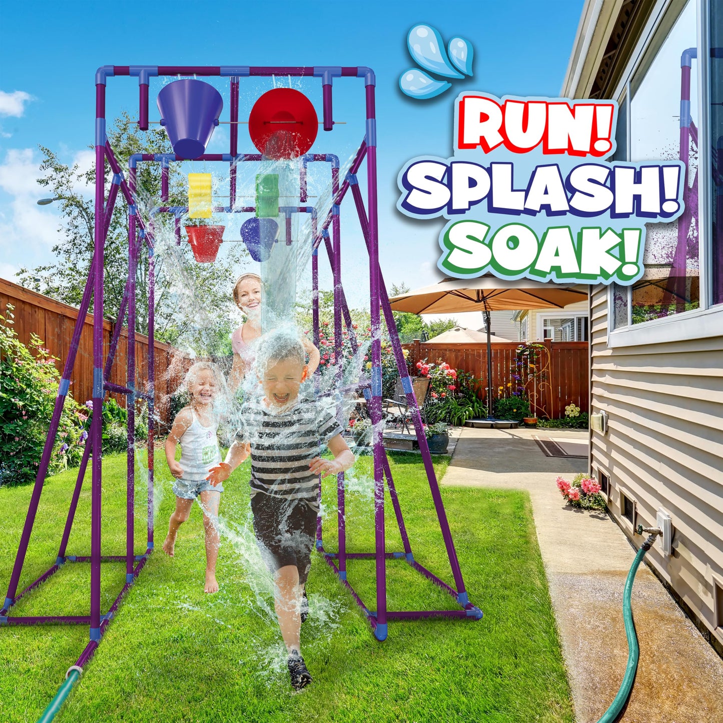 PUDDLE SPLASHERS Outdoor Water Play for Kids, Backyard Waterpark Sprinkler Summer Toy, Fun Outside Play Structure for Kids with Sprinkler, Water Buckets and Splash Wheels, Family Backyard Waterpark