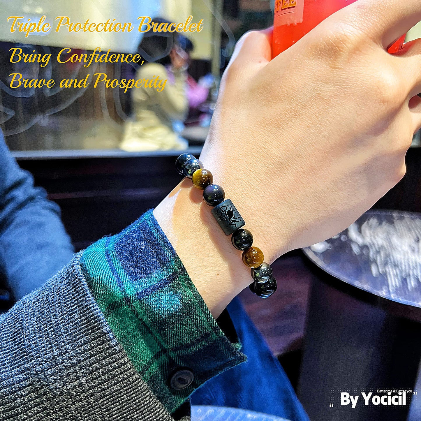 Yocicil Birthday Gift, Rainbow Black Obsidian Mens Bracelet, Couples Bracelets 10mm Natural Tigers Eye Hematite Bracelet, Zodiac Healing Crystal Bracelet Good Luck Gifts (Taurus gifts)
