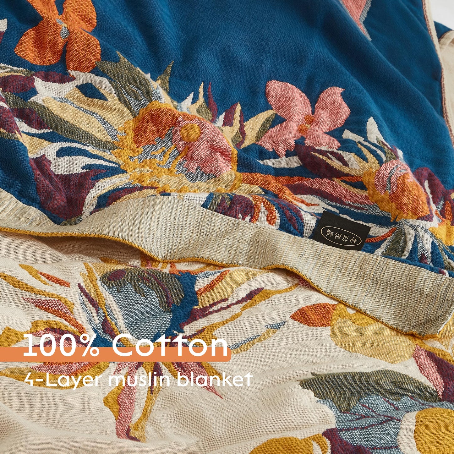 Boho Throw Blanket for Bed 60”x80”, 100% Cotton Woven Blanket for Couch Sofa, Ultra Soft 4-Layer Muslin Quilt with Floral Printed, Farmhouse Bed Blanket/Cover for Living Room Decor