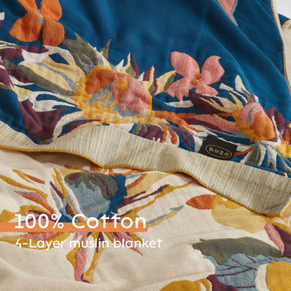 Boho Throw Blanket for Bed 60”x80”, 100% Cotton Woven Blanket for Couch Sofa, Ultra Soft 4-Layer Muslin Quilt with Floral Printed, Farmhouse Bed Blanket/Cover for Living Room Decor