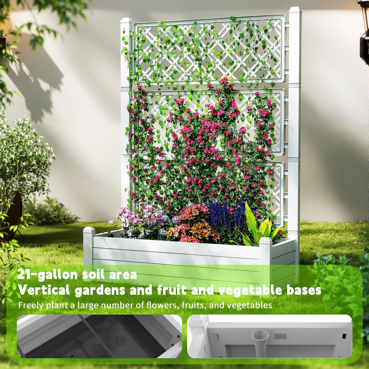 EasyUp Raised Garden Bed with Trellis for Climbing Plants, Outdoor Herb Planter Box with Drainage Plug & Water Gauge, Durable Resin for Patio, Balcony, Yard, Dust-Proof Garden Planter