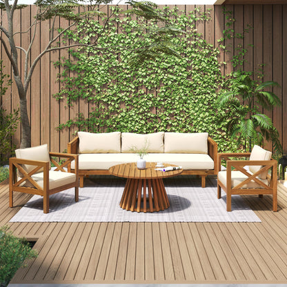 Merax Outdoor 4-Piece Acacia Wood Conversation Set - Patio 3-Seat Loveseat Sofa w/Coushion, 2 Armchair and Round Coffee Table for Backyard, Lawn, Balcony, Teak + Beige
