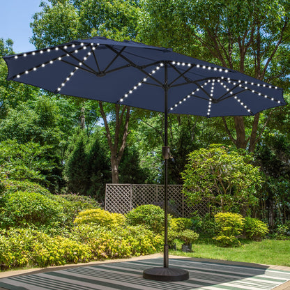 PHI VILLA 13ft Patio Umbrella with Solar-Powered 120 PCS LED Color-Changing Lights, Triple-Head Large Rectangle Umbrella Outdoor Patio for Table with Crank Lift,Navy Blue(No Base)