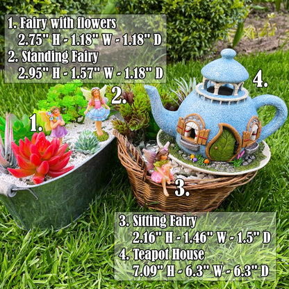 Mood Lab Fairy Garden Figurines - Teapot House Set (4 pcs) - 7.1" H Miniature Decorative House & Accessories - Outdoor & Indoor Garden Decor