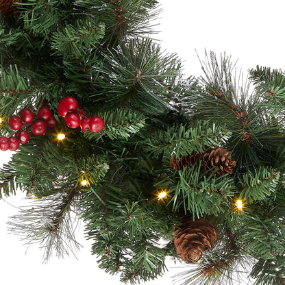 National Tree Company 24 in Pre-Lit Crestwood Spruce Artificial Christmas Wreath, Christmas Decoration with Glitter, Pinecones, Red Berries, 50 Warm White LED Lights, 160 Tips, Timer, Green