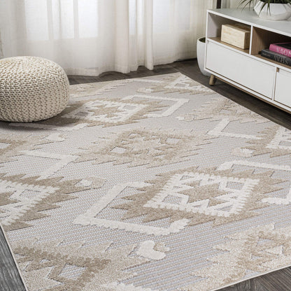 JONATHAN Y Neutral Diamond Kilim Indoor Outdoor Area Rug 4X6 Beige/Gray, Sumak High-Low Pile for Backyard, Patio, Porch, Easy-Cleaning, High Traffic, Pet-Friendly, Non-Shedding (SBH107A-4)
