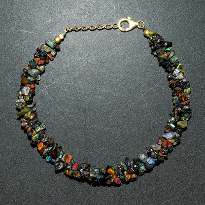 CRYSTALIS Natural Black-Opal Beads Braided Rope Bracelet, Chips Nuggets Beaded Gemstones, Chakra Healing Stones, Womens Jewelry, 14K Gold Plated 925 Sterling Silver Bracelet 8 inch