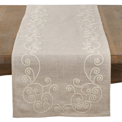 SARO LIFESTYLE 001.N1690B Augustina Collection Embroidered Swirl Design Linen Blend Table Runner, 16" x 90", Natural