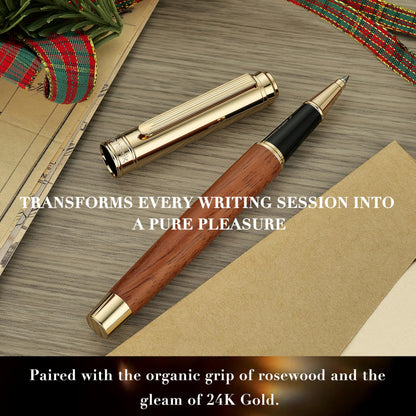 MCNTEIK 316 Luxury Journaling Pen, Nice Natural Wood for Writing, 24K Gold Accents, Schmidt refill, Fancy Rollerball, Gift Set for Men & Women, Executive & Professional Christmas Office, Pens-Rosewood
