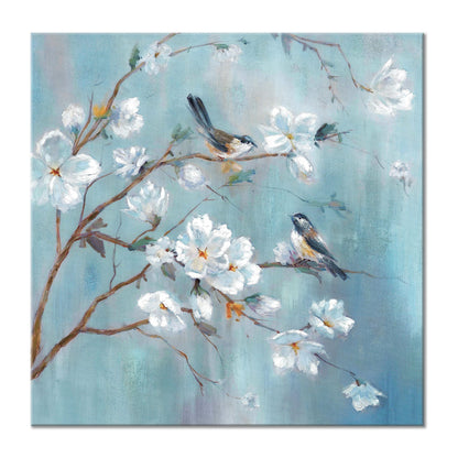 White Floral Canvas Artwork Wall: Elegant Flower Tree and Birds Wall Art Painting for Living Room (12'' x 12'' x 1 Panel)