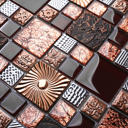 Blujellyfish Red Wine Colors Glass Tile 2'' x 2'' Leaf Carving Imprints Antique Mosaics Textured Rose Gold Metal Kitchen Bathroom Walls Backsplash Tiles (Pack of 5 Square Feet)