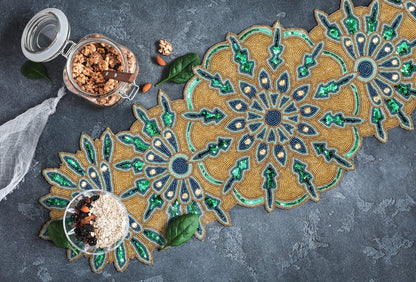 Green Gold Beaded Table Runner 36 Inches Long - Beautiful Fancy Elegant Decorative Handmade Glitz Table Runner for Dining Table Décor, Easter, Farmhouse, Living Room, New Year, Christmas - 13x36 Inch