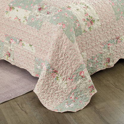Brilliant Sunshine Rose and Sage Quilt Set, 3-Piece Bedding Sets, Traditional Patchwork Design, Washable and Reversible Bedspread, Soft Lightweight Coverlet, All-Season, Full/Queen, Light Pink Green