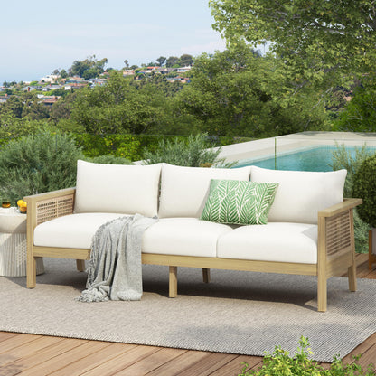 Christopher Knight Home Teras Acacia Wood Outdoor 3 Seater Sofa with PE Wicker Armrest, Solid Wood Patio Sofa with Removable Cushion, Comfy Lounge Sofa for Patio Furniture Set, Light Teak+Beige