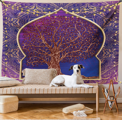 Ambesonne Ethnic Tapestry, Tree with Curved Leafless Branches Exotic Moroccan Arch Retro Art Design Print, Fabric Wall Hanging Decor for Bedroom Living Room Dorm, 28" X 23", Purple and Blue
