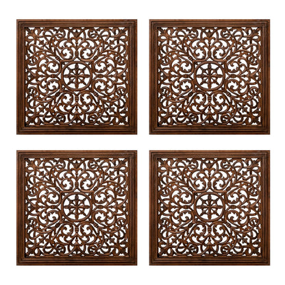 The Wooden Town Kashmiri Wall Décor – Set of 4 (16x16 Inch) | Handcrafted Wooden Wall Panels & Hanging Plaques for Living Room, Home & Office | Burnt Finish Decorative Art for Walls