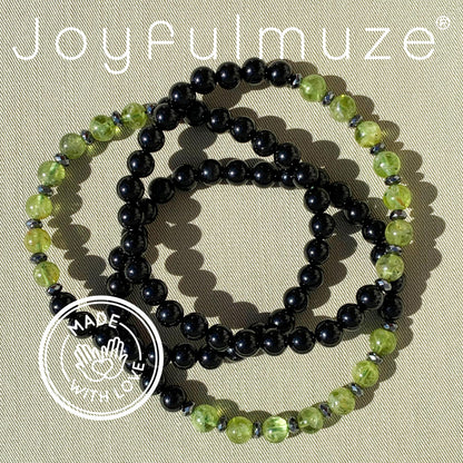 Joyfulmuze Men Gemstones Stretch Bracelet, Peridot Hematite Black Tourmaline, Handmade Spiritual Jewelry for Men, Natural Black Green Gems, Healing Chakra Bracelet, Fits 7-8.5" (peridot tourmaline)