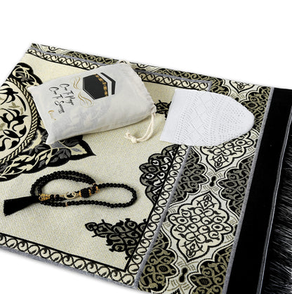 ESERRA Muslim Prayer Rug - 99 Beads & Cap Included, Islam Prayer Mats for Men, Women & Kids (Black)