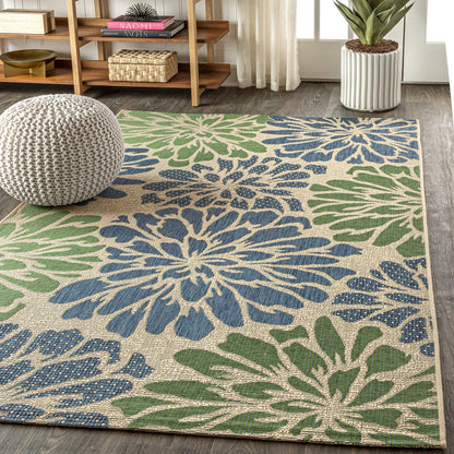 JONATHAN Y Floral Textured Weave Indoor Outdoor Area Rug 4X6 Navy/Green, Zinnia Modern for Backyard, Patio, Porch, Easy-Cleaning, High Traffic, Pet-Friendly, Non-Shedding (SMB110B-4)