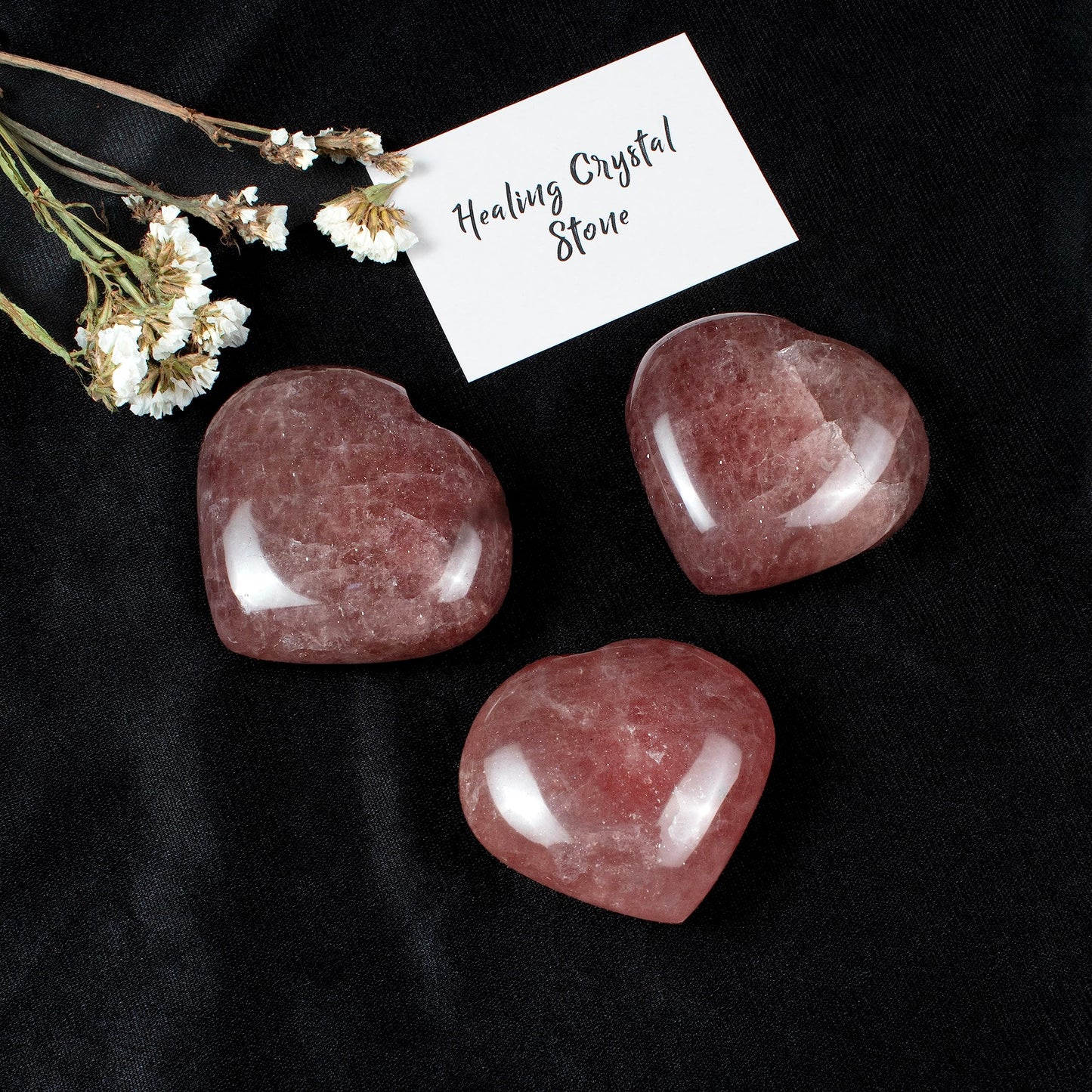 Crocon 50mm Strawberry Quartz Heart stone Big Heart Shape Puff Stones Set 450+ Carats Pocket Crystal Healing Tumble Collection Palm Worry Stone Good Luck Charm Meditation Gift Craft Home Decor