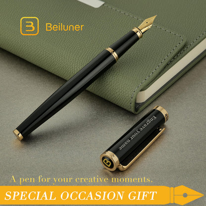BEILUNER Black Personalized Fountain Pen,Stunning Luxury Lacquer,24K Gilded Nib(Fine),Gorgeous 24K Gold Finish, Ink Converter,Fancy Office Gift for Men&Women-Elegant, Graduation,Nice Pens for Writing