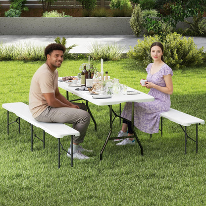Winlice 6 FT White Picnic Folding Table Set with 2 Benches, Portable Patio Dining Sets for Backyard, Lawn, Event, Party, Camping