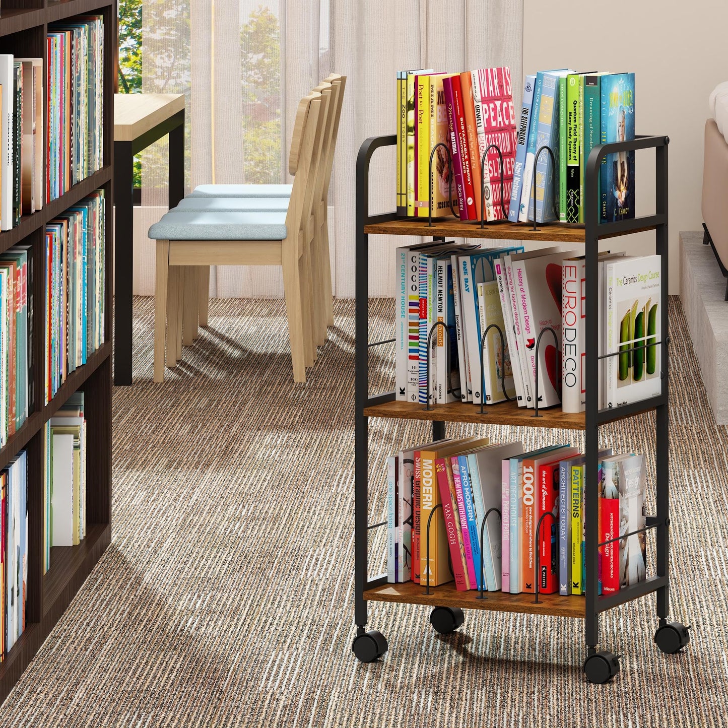 Feyejade Rolling Book Cart with Removable Dividers, 3-Tier File Cart with Wheels, Utility Storage Rack for Office, Home, Classroom, Art Supply Organizer, Binder and Laptop Shelf Rack
