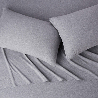 Amazon Basics 4 Piece Breathable 100% Cotton Jersey Knit Bed Sheet Set, Includes Flat and Fitted Sheets, Pillowcase, Stretchy, Full, Light Gray, Solid