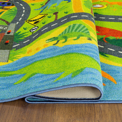 KC Cubs: Educational Rug: Dinosaur World Safari Road Map - 8x10' Playmat - Interactive Play, Activity Area Carpet, Bedroom-Classroom, Baby-Toddler-Kid