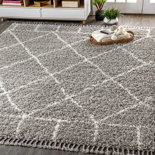 JONATHAN Y Mercer Shag Plush Tassel Gray/Ivory Indoor Area Rug, 3x5, Moroccan Geometric Trellis, Easy-Cleaning for Living Room, Bedroom, Kitchen, Pet Friendly, Non-Shedding (MCR101C-3)