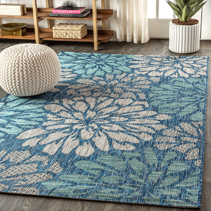 JONATHAN Y Floral Textured Weave Indoor Outdoor Area Rug 4X6 Navy/Aqua, Zinnia Modern for Backyard, Patio, Porch, Easy-Cleaning, High Traffic, Pet-Friendly, Non-Shedding (SMB110C-4)
