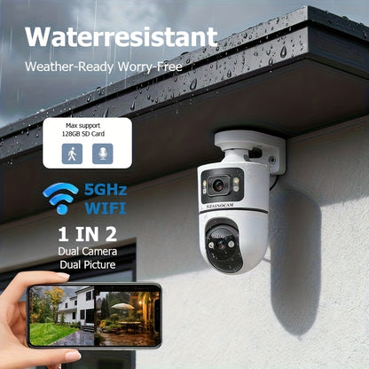 2.4G&5GHz WiFi 4K Outdoor Dual Lens Wireless Security Camera, with Dual Lenses, Rain-proofRotating, Night Vision, Dynamic Detection, Two-Way Call, Wifi Connectivity - Imagery & Christmas Halloween Decorations, Thanksgiving Day Gift.