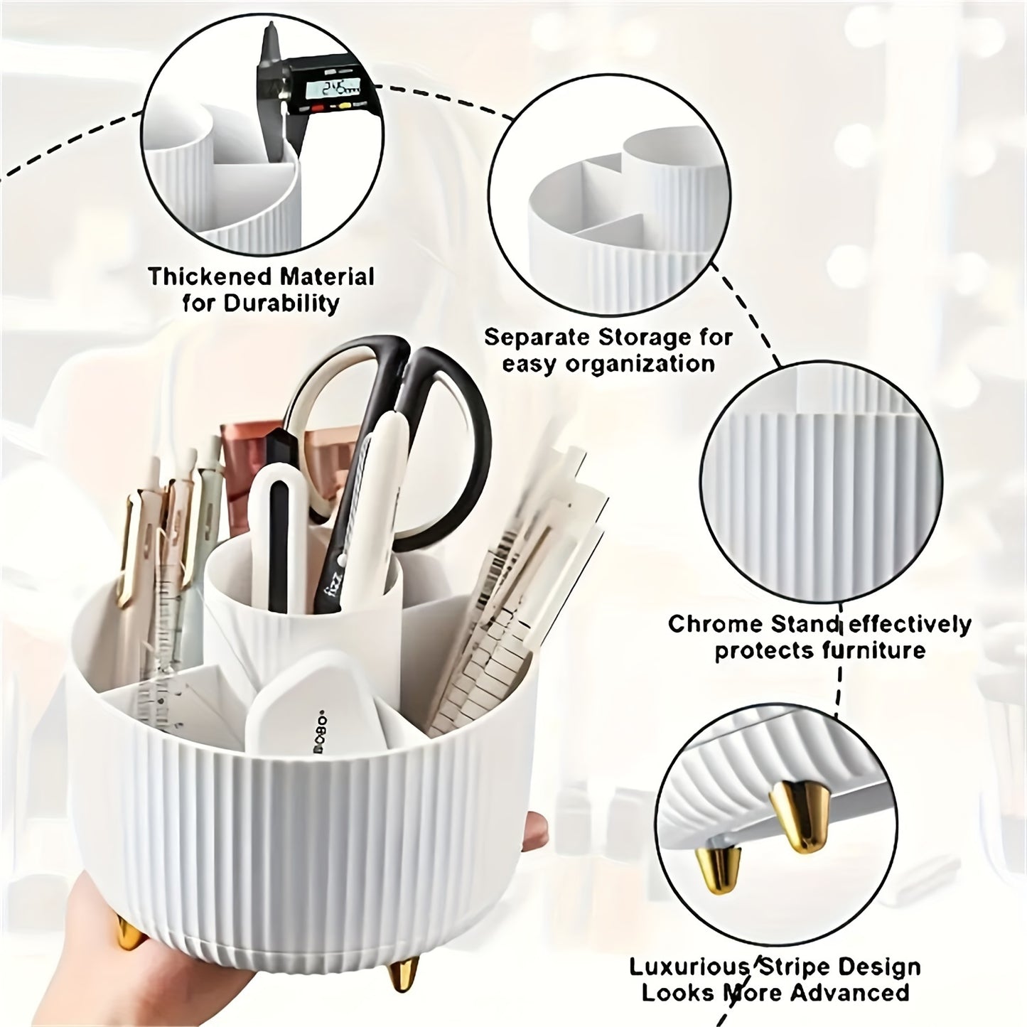 360° Rotating Makeup Organizer - 1pc Plastic Cosmetic Storage with 5 Compartments - Multi-Functional Holder for Brushes, Lipsticks, Light Beige Care Products, and Stationery - Durable Unscented Desk Caddy with Luxury Stripe Design, Perfume Organizer