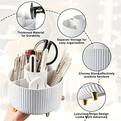 360° Rotating Makeup Organizer - 1pc Plastic Cosmetic Storage with 5 Compartments - Multi-Functional Holder for Brushes, Lipsticks, Light Beige Care Products, and Stationery - Durable Unscented Desk Caddy with Luxury Stripe Design, Perfume Organizer