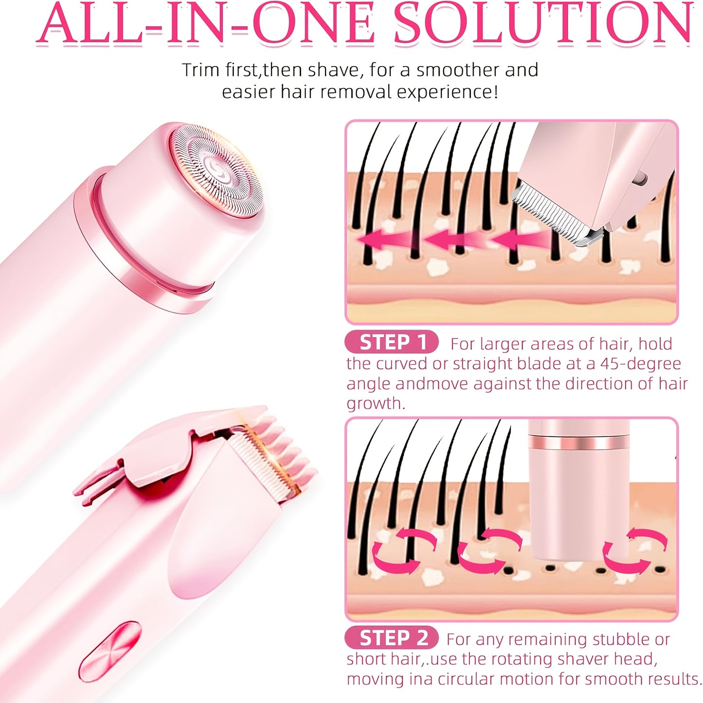 Women's 2-in-1 Dual-Head Electric Bikini Trimmer & Facial Shaver - USB- Wet/Dry Epilation Device Suitable for Bikini, Underarms, Legs, Arms, Face - Long-Lasting Battery, Body Hair Removal Tool with Ergonomic Grip
