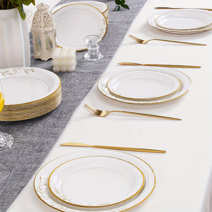 300/200/100 Disposable Tableware Set, Golden Disposable Paper Plates, 9'' Disposable Dinner Plates, 7'' Dessert Plates, Minimalist Family-size Disposable Dinnerware For Wedding Birthday Banquet Anniversary Picnic Thanksgiving Christmas Party Decor