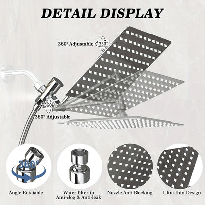 Shower Head, High Pressure Rainfall/Handheld Shower Combo with 11'' Extension Arm, 3 Settings, Anti-Leak Shower Head with Holder, Height/Angle Adjustable, Chrome, Matte Black