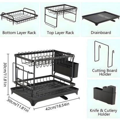 Savemora 2-Tier Dish Drying Rack with Auto-Drain & Utensil Holder – Space-Saving Kitchen Counter Organizer