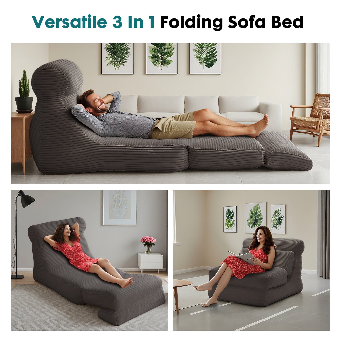 3-in-1 Folding Sofa Bed, Convertible Sleeper Sofa Chair with Memory Foam Mattress & Cushions - Space-Saving Bed/Lounge Chair for Small Spaces, Apartments, Dorms - No Assembly Required, Modern Floor Bed (Black/Dark Grey/ Grey)