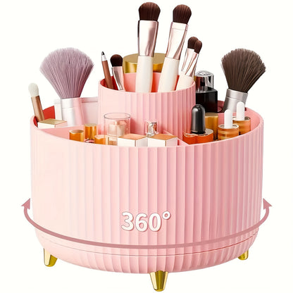 360° Rotating Makeup Organizer - 1pc Plastic Cosmetic Storage with 5 Compartments - Multi-Functional Holder for Brushes, Lipsticks, Light Beige Care Products, and Stationery - Durable Unscented Desk Caddy with Luxury Stripe Design, Perfume Organizer