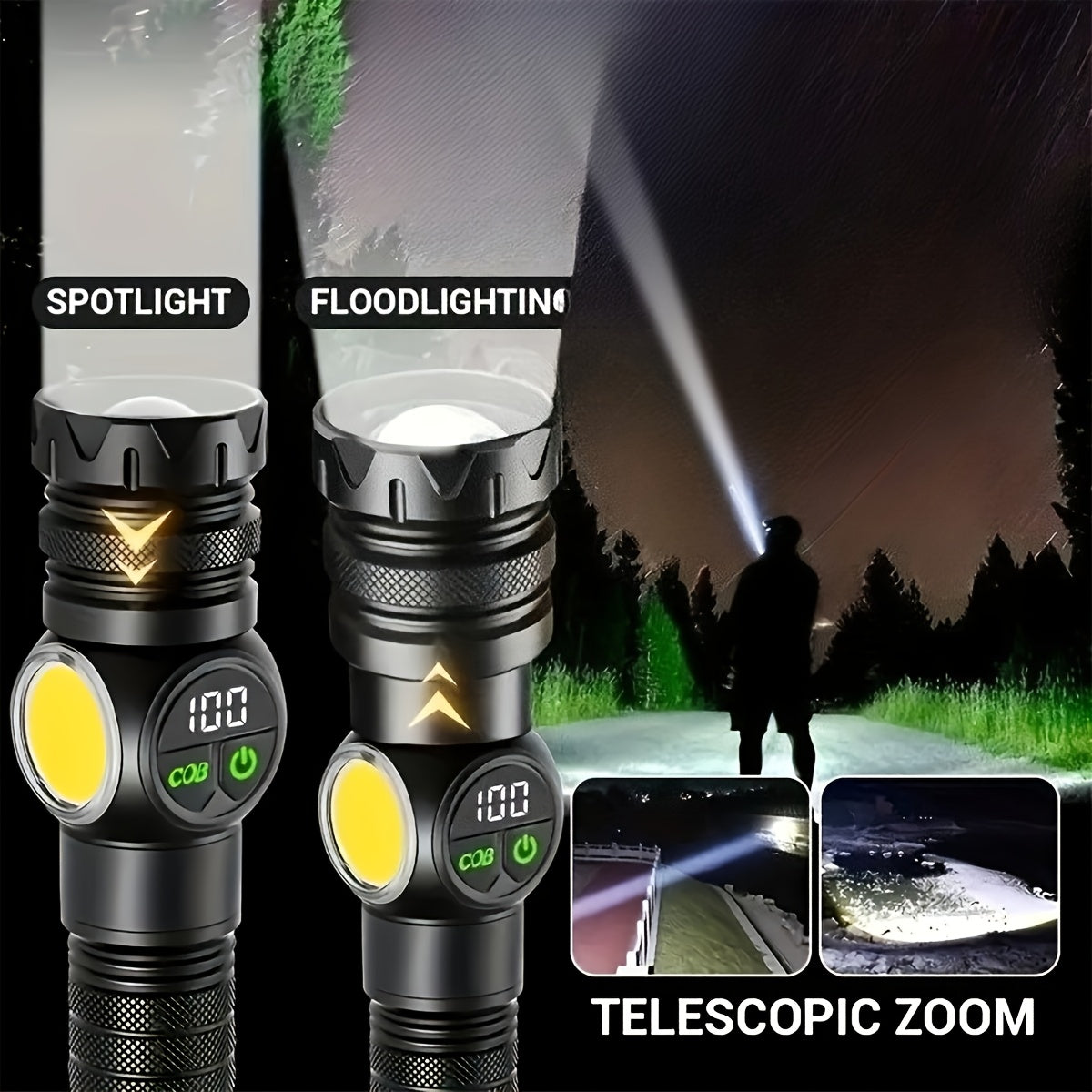 1pc Tactical LED Flashlight with Cob Side Lamp & Red/Blue Light - USB Rechargeable, 5-Mode Operation, Magnetic Base & Hanging Rope