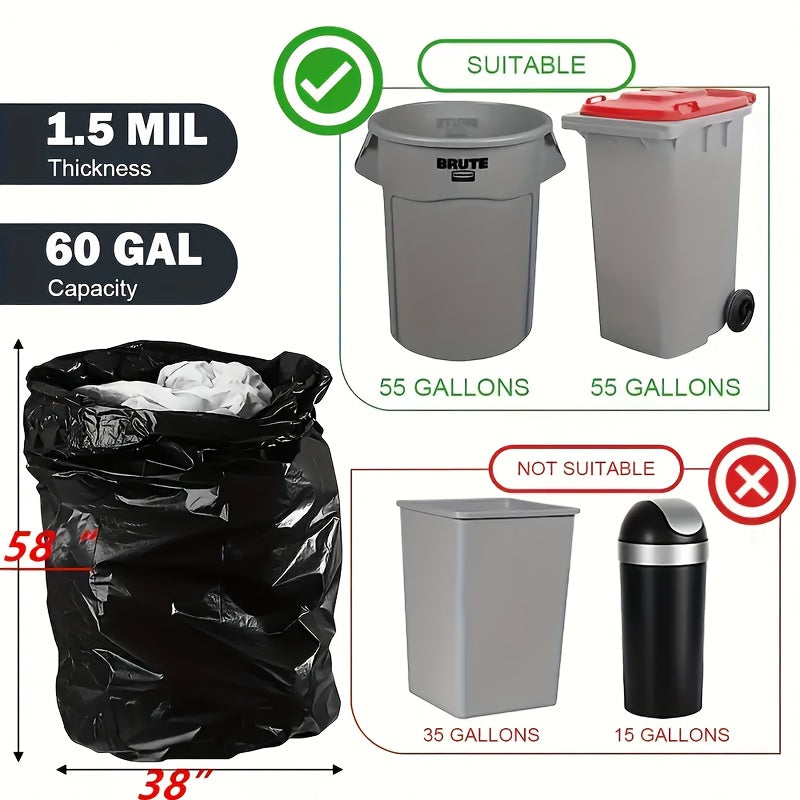 Heavy-Duty Trash Bags with a Capacity of 55-60 Gallons, Designed to Resist Tearing. Available in Packs of 50, 100, Or 150, These Black Bags Are Perfect for Gardening Tasks And Outdoor Activities. They Are Suitable for Both Residential And Commercial