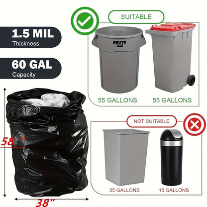 Heavy-Duty Trash Bags with a Capacity of 55-60 Gallons, Designed to Resist Tearing. Available in Packs of 50, 100, Or 150, These Black Bags Are Perfect for Gardening Tasks And Outdoor Activities. They Are Suitable for Both Residential And Commercial