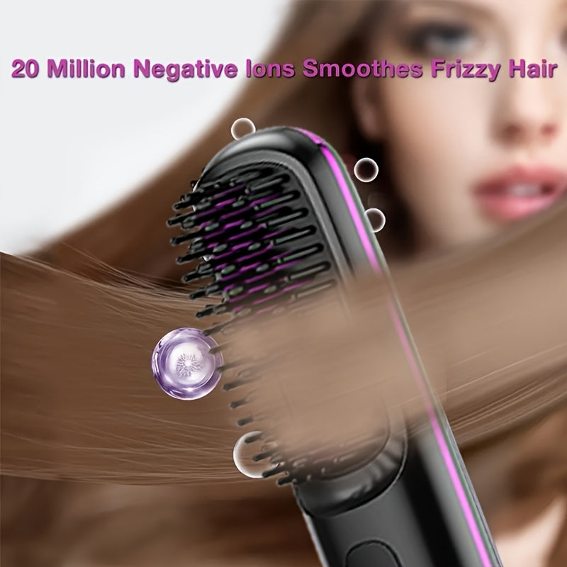 Portable Wireless Hair Straightener Comb | USB Charging, 3-speed Temperature Control, Negative Ion Technology, Long-lasting Luster, LED Display, Lightweight, Perfect for Travel, Includes Comb and Clip.