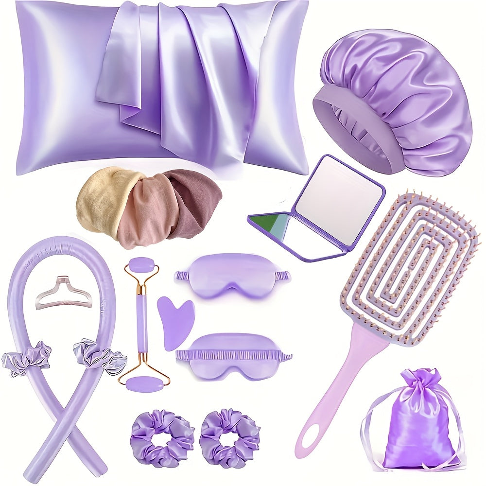 17pcs Sleep Hair Tool Set, 4pcs Curler Set, 2pcs Facial Massager, 2 Hair Bands, 3 Hair Ties, 1 Comb, 1 Mirror, 1 Soft Sleep Eye Mask, 1 Satin Sleep Cap, 1 Satin Storage Pouch, for Hairstyles And Light Beige Queen Set