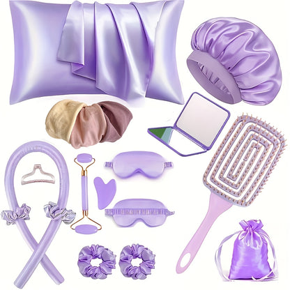 17pcs Sleep Hair Tool Set, 4pcs Curler Set, 2pcs Facial Massager, 2 Hair Bands, 3 Hair Ties, 1 Comb, 1 Mirror, 1 Soft Sleep Eye Mask, 1 Satin Sleep Cap, 1 Satin Storage Pouch, for Hairstyles And Light Beige Queen Set
